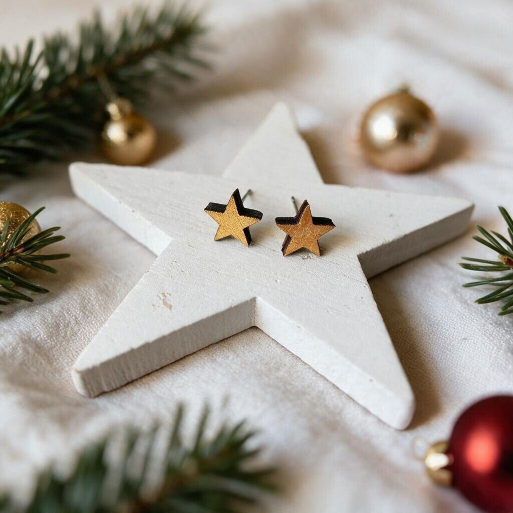 Sterne-Ohrstecker aus Holz in Gold auf einem weißen Holzstern mit Christbaumkugeln