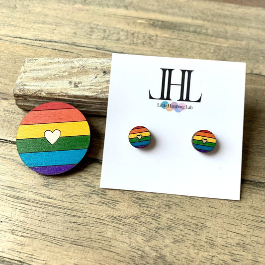 Regenbogen-Set mit Herz in Natur: Brosche und Ohrstecker