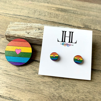 Regenbogen-Set mit Herz in Neonpink: Brosche und Ohrstecker