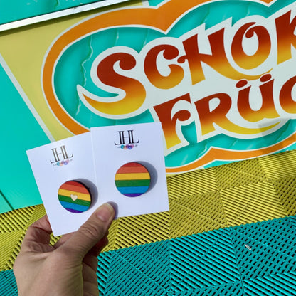 Regenbogen-Brosche und Ohrstecker vor buntem Schild