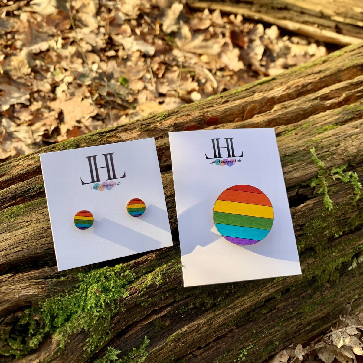 Regenbogen-Brosche und Ohrstecker auf moosigem Baumstamm im Wald