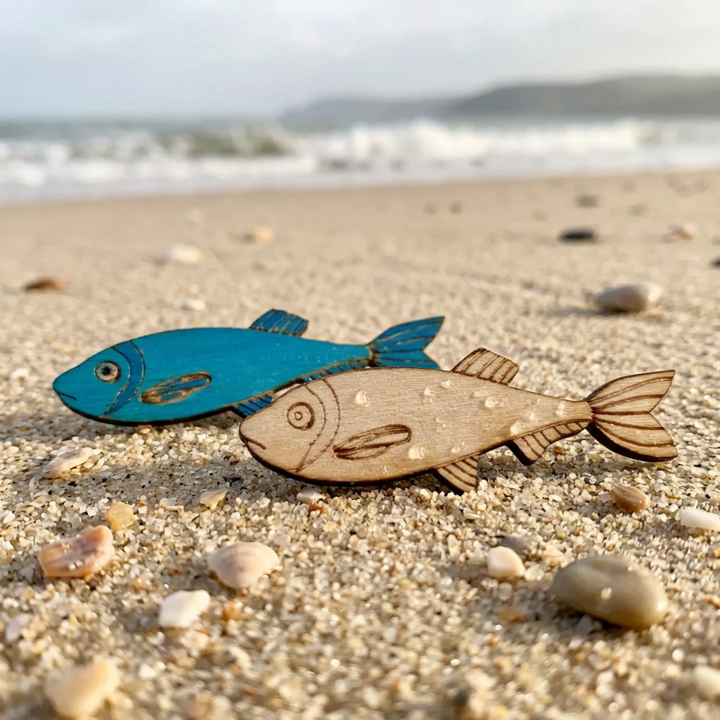 Sprotten-Broschen aus Holz in Blau und Natur im Sand am Strand